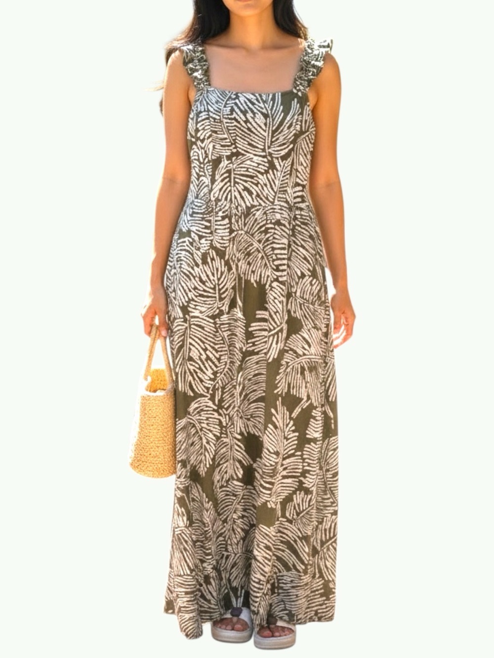 Luxology Palm Print Maxi Dress Ruffle Straps Smocked Back Olive Green Size M